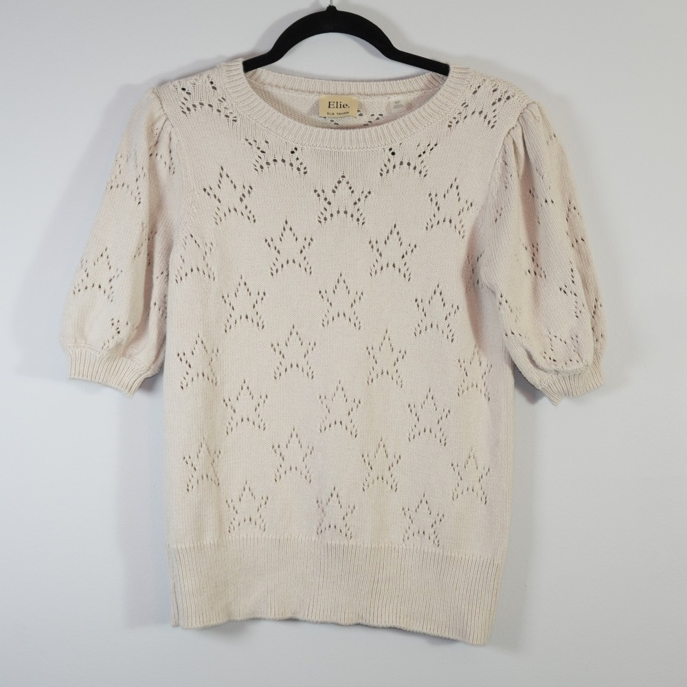 Elie Tahari Pointelle Knit Cozy Sweater Top Puff Sleeve Beige Star Cotton S